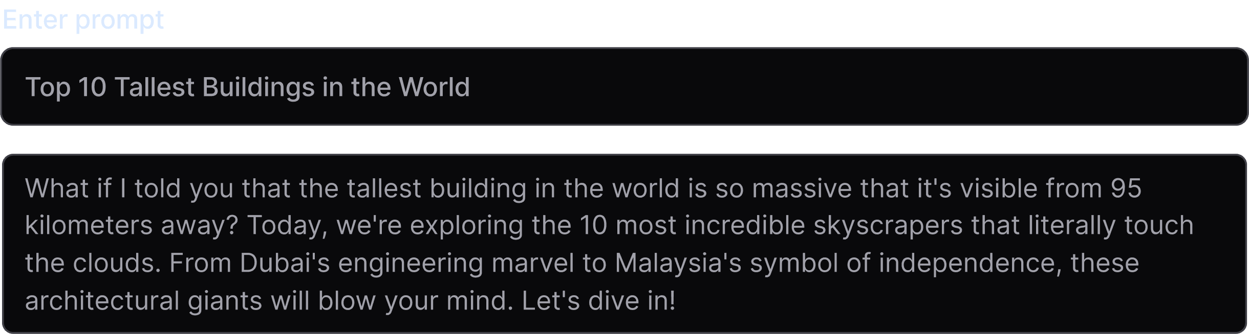 The prompt "Top 10 Tallest Buildings in the World" and the script Vid.AI wrote for it